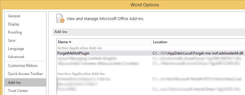 Screenshot: Add-Ins section of Options dialogue