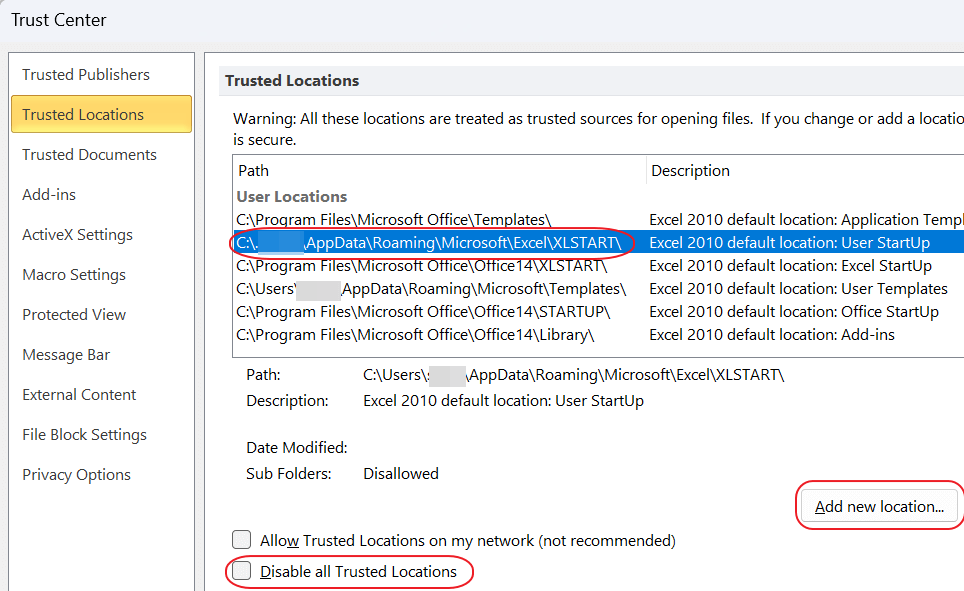 Screenshot: Trusted Locations