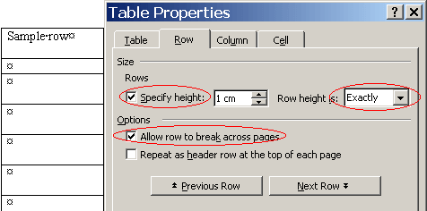 Example: Variable row height (Word 2003 or earlier)