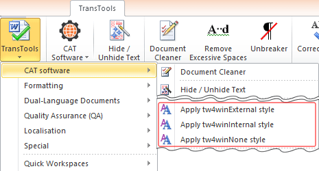 Apply Trados 2007 / Wordfast Classic Internal / External Styles commands in the menu