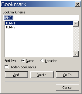 Screenshot: Insert Bookmark dialogue in Word 2003 or earlier