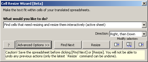 Screenshot: Cell Resize Wizard dialogue