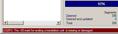 Screenshot: Cleaning error in SDL Trados Translator's Workbench