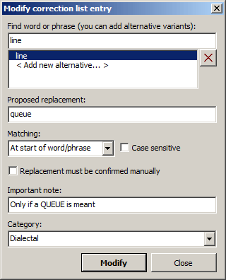 Correction list entry dialogue