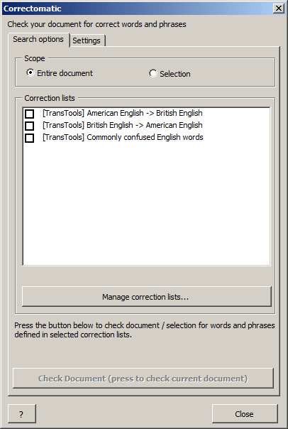 Correctomatic - Search options tab
