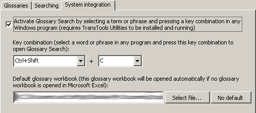 Screenshot: System Integration options tab of Glossary Configuration dialogue