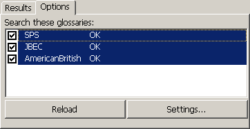 Screenshot: Options tab of Glossary Search dialogue