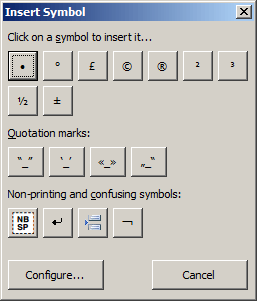 Screenshot: Insert Symbol / Quotes dialogue