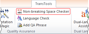 Non-breaking Space Checker button on TransTools ribbon