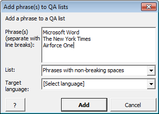 Screenshot: Add QA Phrase dialogue