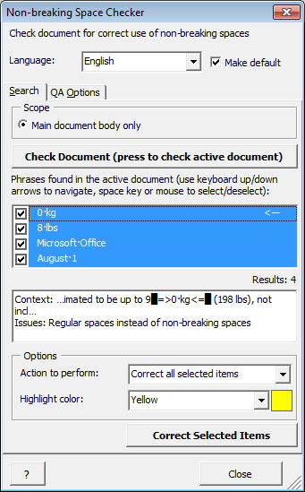 Screenshot: Non-breaking Space Checker dialogue displaying found problems