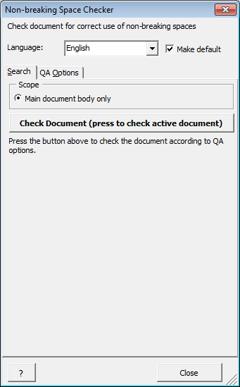 Screenshot: Non-breaking Space Checker dialogue before searching