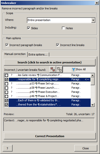 Screenshot: List of incorrect breaks