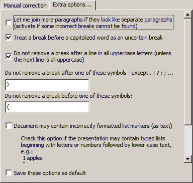 Screenshot: Extra options tab