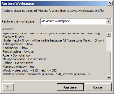 Screenshot: Restore Workspace dialogue