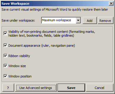 Screenshot: Save Workspace dialogue