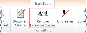 Find and Replace Excessive Spaces tool button on TransTools ribbon