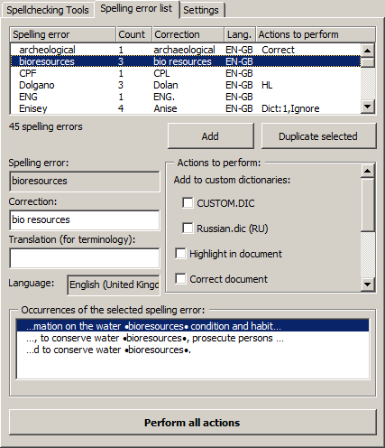 Screenshot: Spelling error list