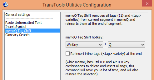 Screenshot: Configuration of memoQ Tag Shift command