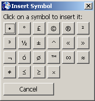 Screenshot: Insert Symbol dialogue
