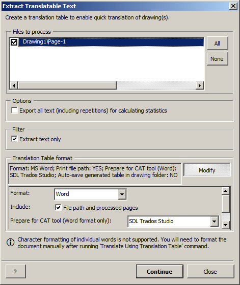 Screenshot: Extract Translatable Text dialogue
