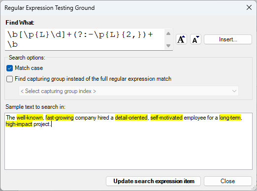 Regular Expression Testing Ground window