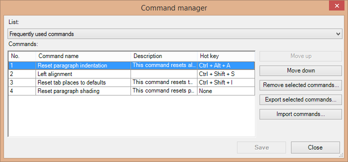 Reordering commands using Command Manager dialogue
