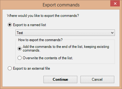 Exporting commands to another list
