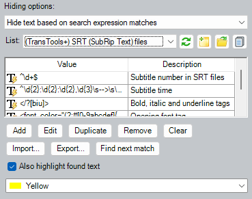 Options for hiding text based on search expression matches