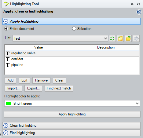 Highlighting Tool with a sample search expression list to apply highlight color to words and phrases