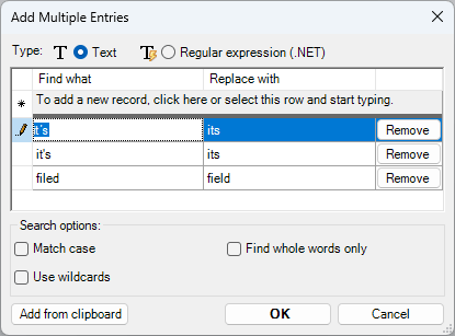 Add Multiple Entries window