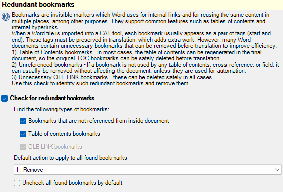 Redundant bookmark check settings