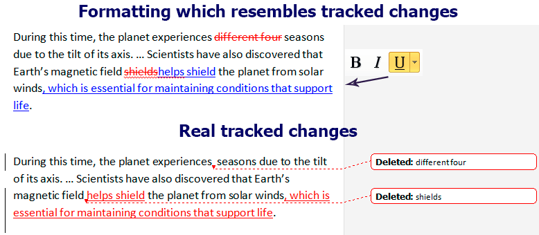 False tracked changes and real tracked changes side by side