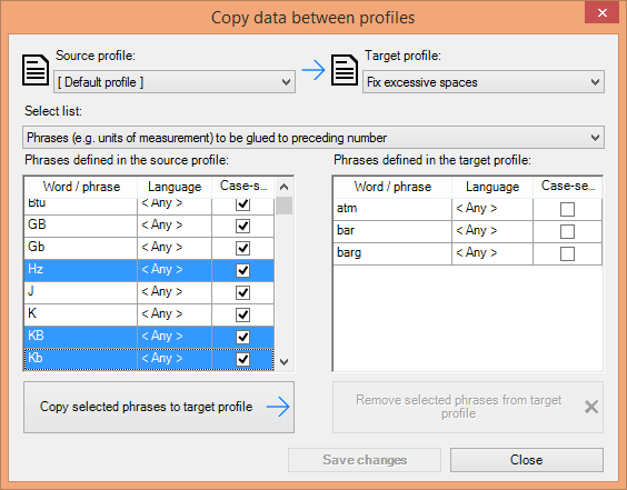 Copy Data Between Profiles dialogue