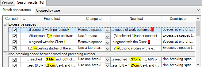List of potential issues grouped by type of issue