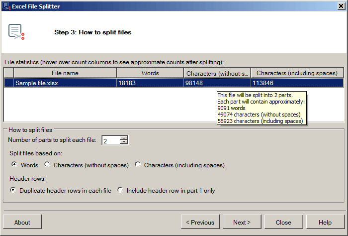 Excel File Splitter: splitting configuration